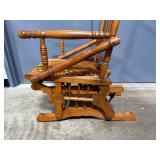 Antique Oak Wood Glider Rocking Chair with Ornate Cushion