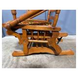 Antique Oak Wood Glider Rocking Chair with Ornate Cushion