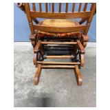 Antique Oak Wood Glider Rocking Chair with Ornate Cushion
