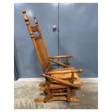 Antique Oak Wood Glider Rocking Chair with Ornate Cushion