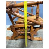 Antique Oak Wood Glider Rocking Chair with Ornate Cushion