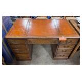 Vintage Mahogany Executive Desk with Leather Top and Brass Handles