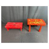 Pair of Vintage Red Wooden Foot Stools, One Hand-Painted Floral Design