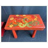 Pair of Vintage Red Wooden Foot Stools, One Hand-Painted Floral Design