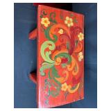 Pair of Vintage Red Wooden Foot Stools, One Hand-Painted Floral Design