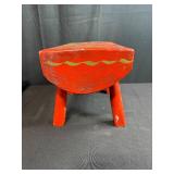 Pair of Vintage Red Wooden Foot Stools, One Hand-Painted Floral Design