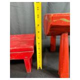 Pair of Vintage Red Wooden Foot Stools, One Hand-Painted Floral Design
