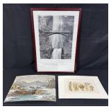 Framed Multnomah Falls Print and Two Art Prints Assortment