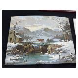 Framed Multnomah Falls Print and Two Art Prints Assortment