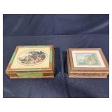 Set of 2 Vintage Decorative Wooden Boxes with Pastoral Scene Art