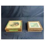 Set of 2 Vintage Decorative Wooden Boxes with Pastoral Scene Art