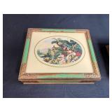 Set of 2 Vintage Decorative Wooden Boxes with Pastoral Scene Art