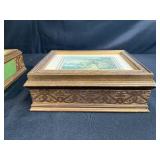 Set of 2 Vintage Decorative Wooden Boxes with Pastoral Scene Art