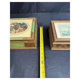 Set of 2 Vintage Decorative Wooden Boxes with Pastoral Scene Art
