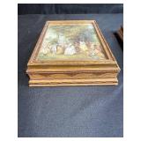Pair of Vintage Decorative Wooden Jewelry Boxes with Classical Art Prints