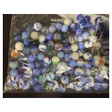 Collection of Assorted VTG Blue and Swirl Glass Marbles, Approx. 1.9 lbs