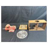 Workbench Tool Lot with Craftsman Vise, Circular Saw Blades, and Wooden Trap Cage