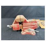 Workbench Tool Lot with Craftsman Vise, Circular Saw Blades, and Wooden Trap Cage