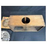 Workbench Tool Lot with Craftsman Vise, Circular Saw Blades, and Wooden Trap Cage