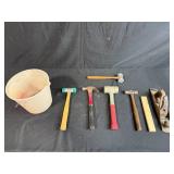 Collection of Hammers, Hand Plane, and Plastic Bucket