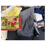 Collection of Vintage Kitchen Linens, Aprons, Holiday Towels, and Lace Trims