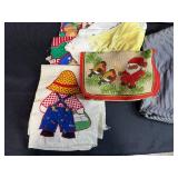 Collection of Vintage Kitchen Linens, Aprons, Holiday Towels, and Lace Trims