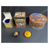 Collection of VTG Decorative Tins and Trinket Boxes with Blue Glass Cup