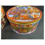 Collection of VTG Decorative Tins and Trinket Boxes with Blue Glass Cup