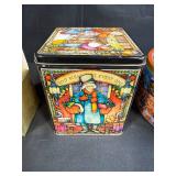 Collection of VTG Decorative Tins and Trinket Boxes with Blue Glass Cup