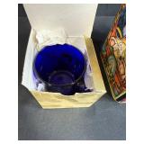Collection of VTG Decorative Tins and Trinket Boxes with Blue Glass Cup