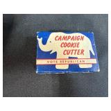 Vintage Tin with Assorted Cookie Cutters and Republican Campaign Cutter