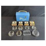 Handcrafted Blue Velvet Box by Pat Ayars, Mary Engelbreit Brooches, and Glass Trinket Dishes Set