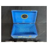 Handcrafted Blue Velvet Box by Pat Ayars, Mary Engelbreit Brooches, and Glass Trinket Dishes Set