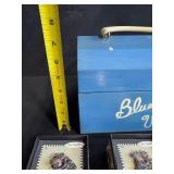 Handcrafted Blue Velvet Box by Pat Ayars, Mary Engelbreit Brooches, and Glass Trinket Dishes Set