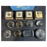 Handcrafted Blue Velvet Box by Pat Ayars, Mary Engelbreit Brooches, and Glass Trinket Dishes Set