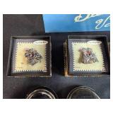 Handcrafted Blue Velvet Box by Pat Ayars, Mary Engelbreit Brooches, and Glass Trinket Dishes Set