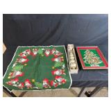 Christmas Decor Lot with Needlework, Glass Finial Topper, and Bejeweled Tree Art