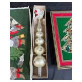 Christmas Decor Lot with Needlework, Glass Finial Topper, and Bejeweled Tree Art