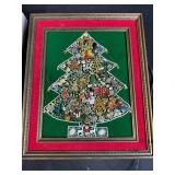 Christmas Decor Lot with Needlework, Glass Finial Topper, and Bejeweled Tree Art