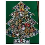 Christmas Decor Lot with Needlework, Glass Finial Topper, and Bejeweled Tree Art