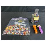 Collection of Vintage Marbles in Glass Bottle and Bag with 2 Pez Dispensers