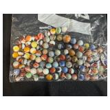 Collection of Vintage Marbles in Glass Bottle and Bag with 2 Pez Dispensers