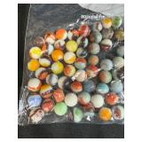 Collection of Vintage Marbles in Glass Bottle and Bag with 2 Pez Dispensers