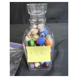 Collection of Vintage Marbles in Glass Bottle and Bag with 2 Pez Dispensers