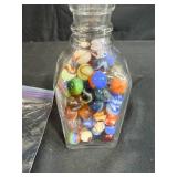 Collection of Vintage Marbles in Glass Bottle and Bag with 2 Pez Dispensers