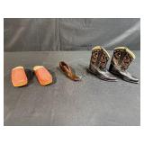 Collection of 3 Vintage Miniature Shoes and Boots Including Ceramic and Wood Clogs