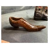 Collection of 3 Vintage Miniature Shoes and Boots Including Ceramic and Wood Clogs