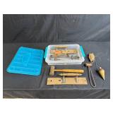 Collection of Vintage Hand Tools and Brass Hardware in Storage Bin