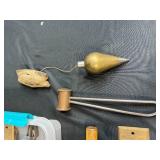 Collection of Vintage Hand Tools and Brass Hardware in Storage Bin