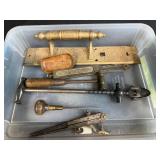 Collection of Vintage Hand Tools and Brass Hardware in Storage Bin